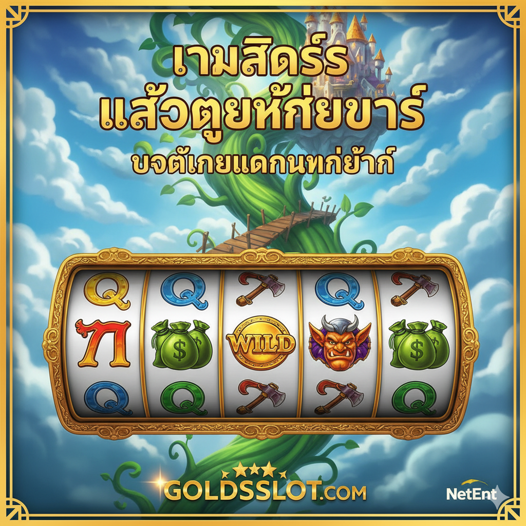 ภาพหน้าปกเกมสล็อต Jack and the Beanstalk สไตล์เทพนิยายแฟนตาซี (Fairytale Fantasy) กราฟิก 3D คุณภาพสูง แสดงให้เห็นฉากวงล้อสล็อต 5x3 ที่มีสัญลักษณ์หลัก เช่น แจ็ค (Jack), ยักษ์สองหัว, และโลโก้ Wild เด่นอยู่ ด้านหลังเป็นทิวทัศน์ของต้นถั่วยักษ์ที่พุ่งทะลุเมฆขึ้นไปสู่ปราสาทบนฟ้า โทนสีเขียวสดของต้นถั่วตัดกับสีทองและสีฟ้าครามของท้องฟ้าและเมฆ เน้นคำว่า 'Jack and the Beanstalk Slot' และโลโก้ NetEnt เล็กน้อยเพื่อบ่งบอกค่ายเกม