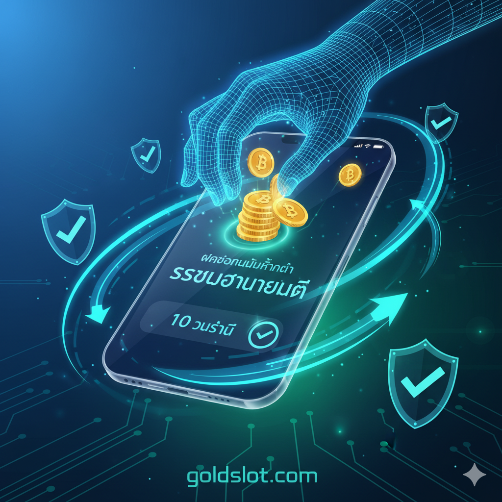 此图用于展示核心功能:'ฝากถอนไม่มีขั้นต่ำ' (无最低存款/取款限制) 和 'ระบบอัตโนมัติ' (自动系统)。图片风格应为现代科技感,使用蓝色和绿色作为主色调。主体元素为一只正在将金币(或泰铢符号)存入一个流线型手机屏幕界面的手,屏幕上显示“10 วินาที” (10秒)และ“Auto-System”字样。周围环绕ด้วย快速移动的箭头และ锁定符号(🛡️),突出快速、安全、便捷的交易体验。