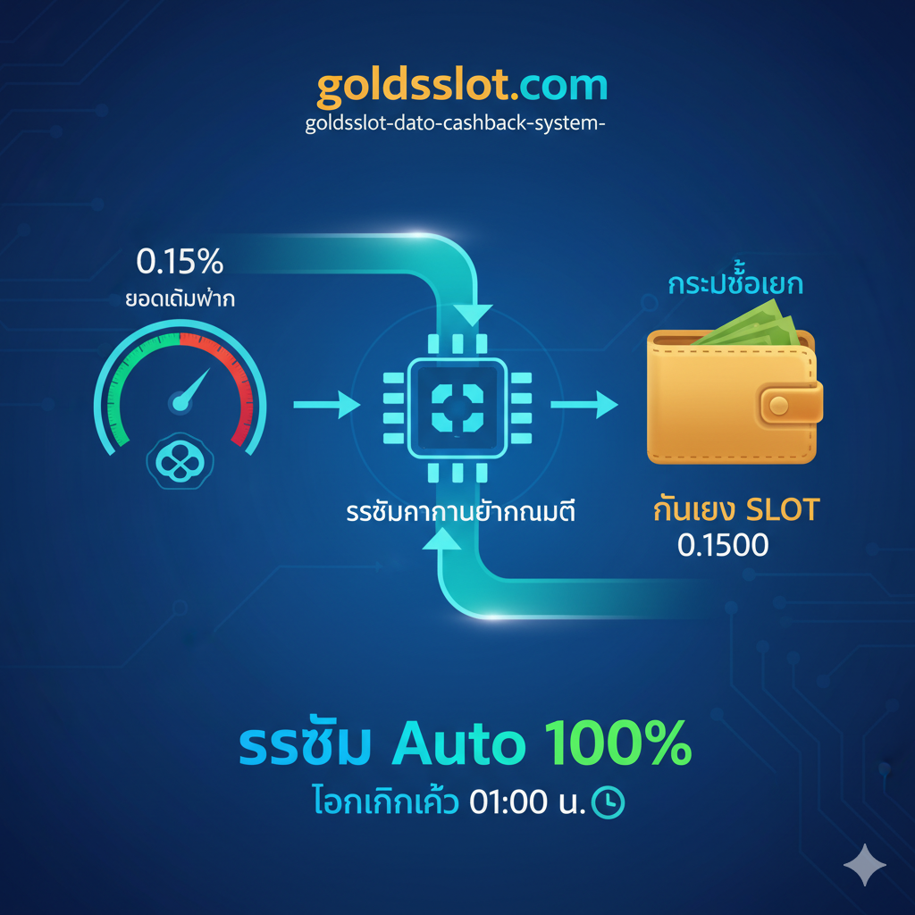 展示'系统自动计算和分配'功能图。画面应以一个流畅、自动化的流程图或动画效果为核心。使用明快的科技蓝和绿色，象征效率和金钱。元素包括：一个代表'Turnover/ยอดเดิมพัน'的圆形仪表盘، 一根箭头指向一个象征计算过程的齿轮或CPU图标، 最后流入一个带有'Wallet/กระเป๋าเงิน'字样的金色钱包图标。ใน流程下方用泰语标注'ระบบ Auto 100%' (100% 自动系统) 和'โอนเงินเข้า 01:00 น.' (凌晨 01:00 自动转账)، 突出快速และ便捷。