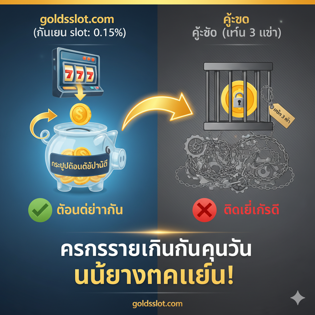 强调'无需做流水'的巨大优势对比图。设计采用左右对比构图。左侧代表'goldsslot.com (0.15%)'، 画面明亮、畅通، 一个金币从老虎机直接掉入一个可以立即提现（Withdraw）的存钱罐، 并配上一个大大的'✅ ถอนได้ทันที' (立即提款)。右侧代表'คู่แข่ง' (竞争对手)، 画面略显灰色或被锁住، 一个金币被锁在一个有'เทิร์น 3 เท่า' (3倍流水) 标签的笼子里، 配上一个大大的'❌ ติดเงื่อนไข' (受限于条件)。使用箭头和对比色强调 goldsslot 的自由และ灵活。