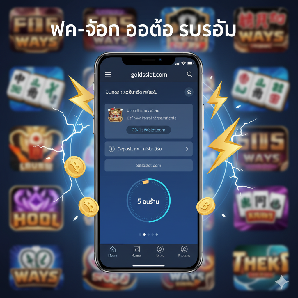 ภาพหน้าจอสมาร์ทโฟนที่แสดงอินเทอร์เฟซการฝาก/ถอนของ goldsslot.com พร้อมตัวจับเวลาที่แสดง “5 วินาที” รอบๆโทรศัพท์มีสัญลักษณ์สายฟ้าและเงินเพื่อแสดงถึงความเร็วในการทำธุรกรรม