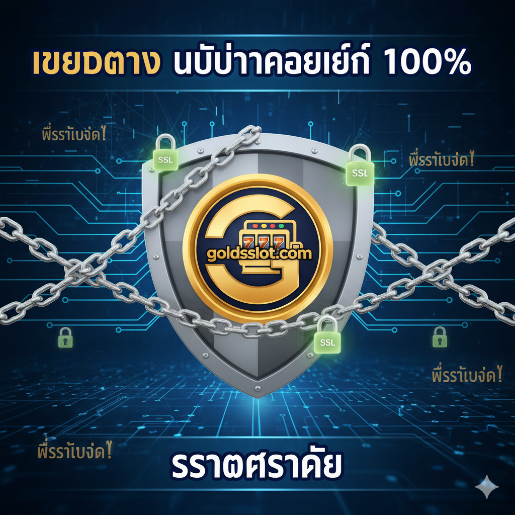 รูปภาพที่เน้นย้ำถึงข้อได้เปรียบของ “เว็บตรง ไม่ผ่านเอเย่นต์ 100%” และ “ระบบปลอดภัย” โดยมี โล่ขนาดใหญ่ ฝังโลโก้ goldsslot.com อยู่ตรงกลางและมี สัญลักษณ์แม่กุญแจเข้ารหัส SSL ล้อมรอบ