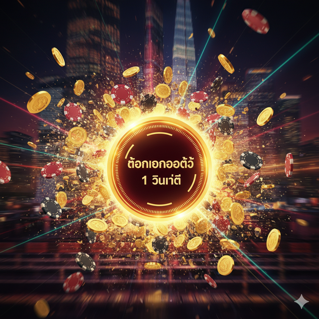 ภาพสำหรับบทความ封面，主题是“Slot Vegas Casino Withdrawal”และ“ถอนเงินออโต้ 1 วิ”。สไตล์คาสิโนที่มีเทคโนโลยีสูง รวดเร็ว และหรูหรา โดยเน้นปุ่มหรือตัวจับเวลา “1 SEC AUTO WITHDRAWAL” ที่ส่องแสงสีทองอยู่ตรงกลาง พร้อมชิปและเหรียญทองรอบ ๆ พื้นหลังเป็นวิวกลางคืนของลาสเวกัส เน้นความเร็วและทรัพย์สิน