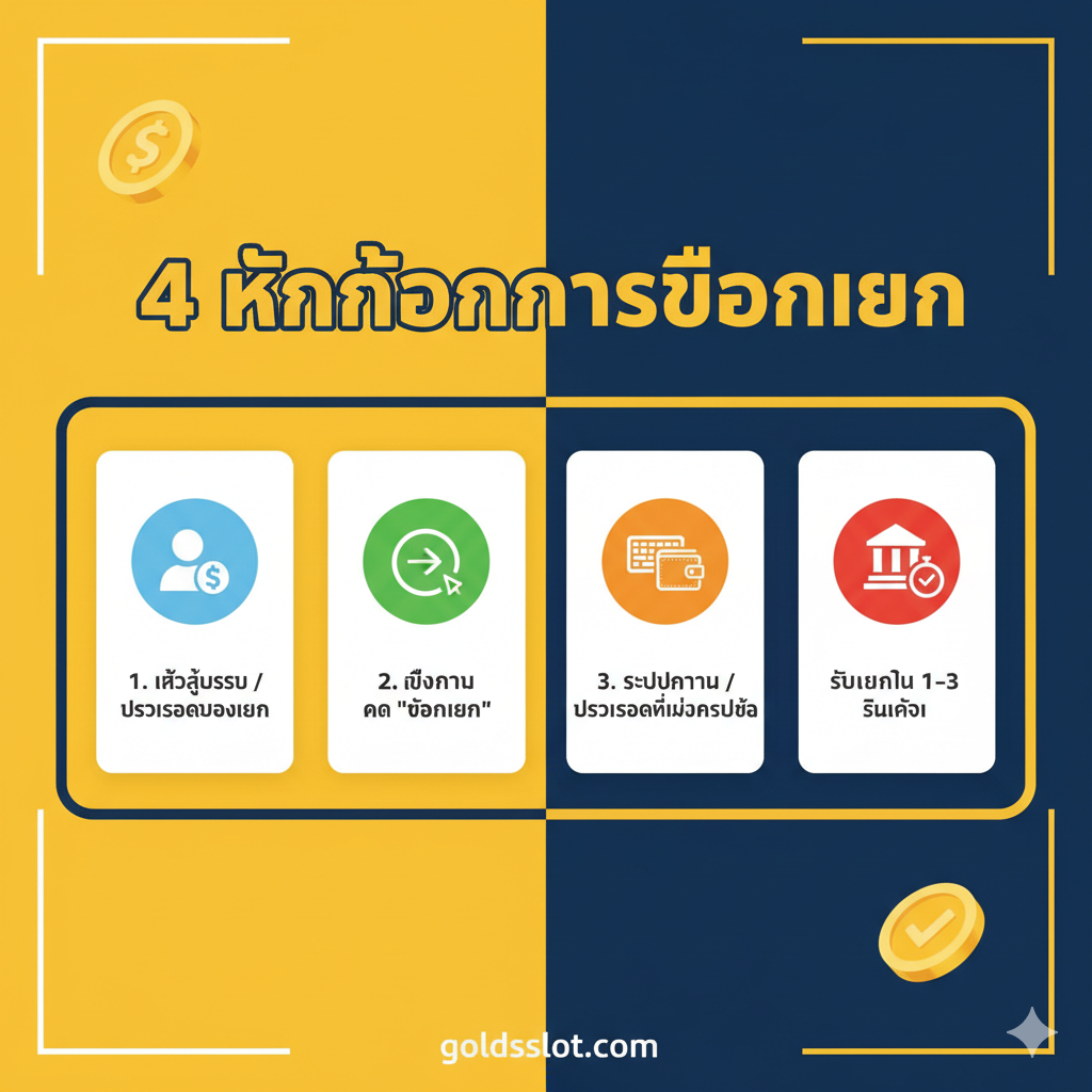 ภาพแสดงขั้นตอนการถอนเงิน 4 ขั้นตอนอย่างชัดเจน: 1.เข้าสู่ระบบ/ตรวจสอบยอด 2.กดปุ่ม 'ถอนเงิน' 3.ระบุจำนวนเงิน/ยืนยันวอลเล็ต 4.รับเงินภายใน 1-3 วินาที ภาพประกอบเข้าใจง่ายสำหรับผู้ใช้มือถือ