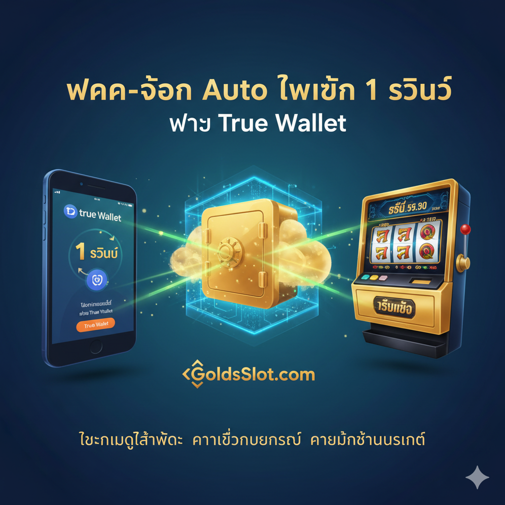 ภาพเน้นคุณสมบัติ 'ฝาก-ถอน Auto ไวเกิน 1 วินาที ผ่าน True Wallet' แสดงภาพกระบวนการทำธุรกรรมที่รวดเร็วอย่างเป็นภาพวาดแนวอินโฟกราฟิก: มือถือด้านซ้ายแสดงแอป True Wallet ที่กำลังโอนเงิน เส้นลูกศรเรืองแสงสีเขียว/ทองพุ่งตรงไปยังเซิร์ฟเวอร์ และไปสิ้นสุดที่หน้าจอเกมสล็อตด้านขวาที่มีตัวเลขเครดิตเพิ่มขึ้นทันที