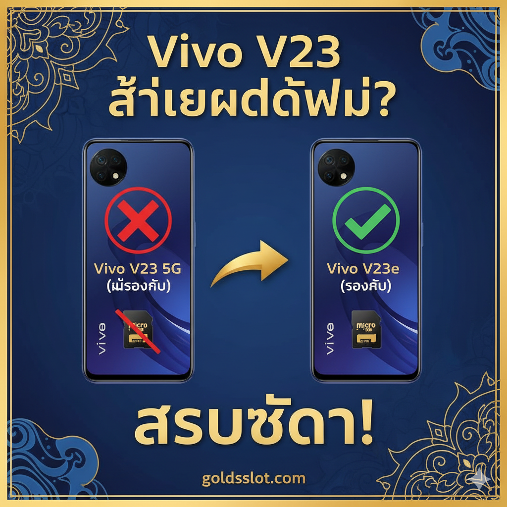 一张醒目の封面图，采用鲜明的泰式设计风格，主色调为Vivo品牌色（深蓝色或渐变色）和金色（呼应goldsslot.com）。构图中央是两部手机：左侧是Vivo V23 5G（强调'NO'หรือ红色'X'图标），右侧是Vivo V23e（强调'YES'或绿色对勾图标），旁边配有Micro SD卡。图片文字应有大号泰语 'Vivo V23 ใส่เมมได้ไหม?' (Vivo V23 Sai Mem Dai Mai?) 和 'สรุปชัด!' (Saroop Chad!)，视觉上突出两种型号的不同处理方式，营造出'解答困惑'的氛围。