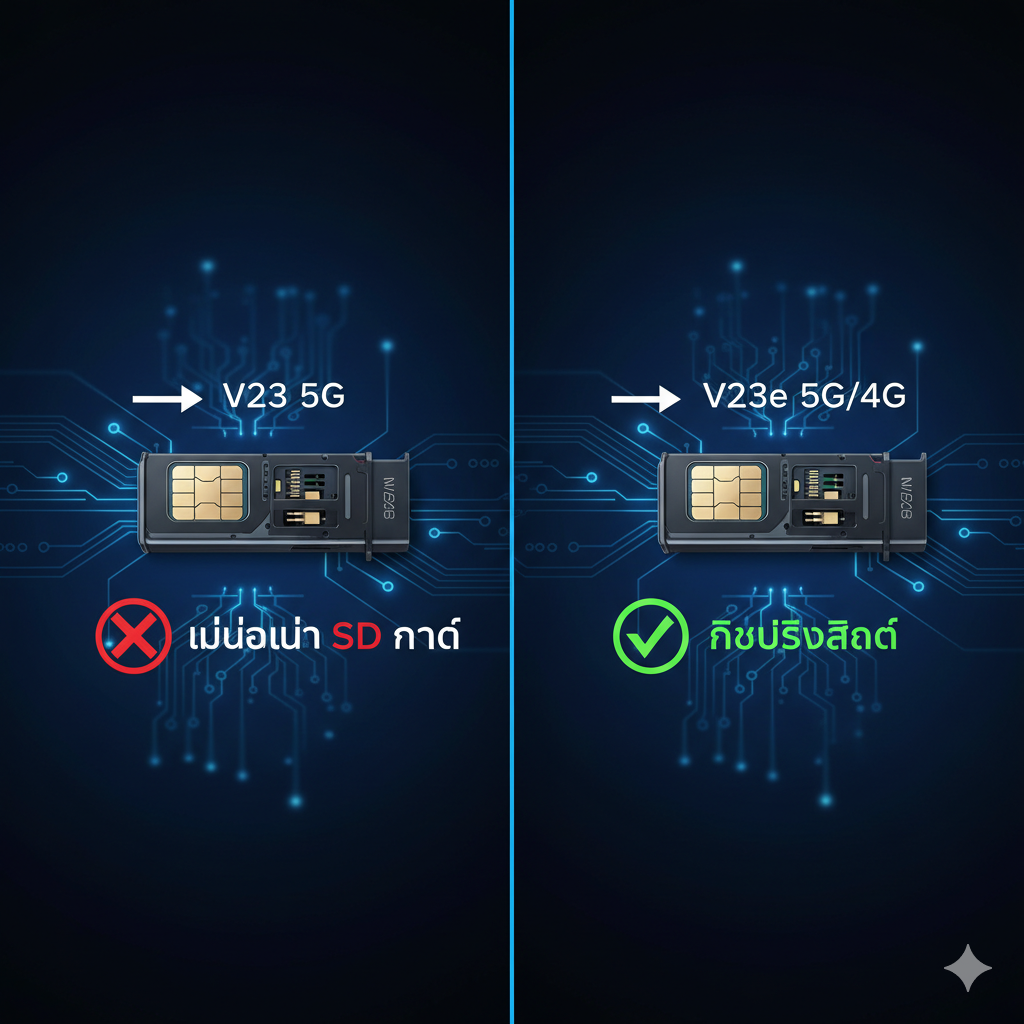 ฟังก์ชันเปรียบเทียบรูปภาพที่ชัดเจนแสดงคุณสมบัติของช่องใส่การ์ดทั้งสองรุ่น ภาพแบ่งเป็นแนวตั้งสองส่วน: ด้านซ้ายคือช่องใส่ซิมของ V23 5G ซึ่งแสดงเฉพาะช่องใส่ซิม Nano สองช่อง พร้อมสัญลักษณ์ห้ามสีแดง (❌No SD Card) ด้านขวาคือช่องใส่ซิม Hybrid ของ V23e ซึ่งแสดงช่องหนึ่งสำหรับใส่ซิมการ์ด และอีกช่องสำหรับใส่ซิมการ์ดหรือ Micro SD Card พร้อมสัญลักษณ์อนุญาตสีเขียว (✅Hybrid Slot) พื้นหลังควรเป็นสีฟ้าที่ให้ความรู้สึกทางเทคโนโลยี และใช้ลูกศรพร้อมป้ายกำกับภาษาไทยสั้นๆ (เช่น: 'V23 5G' และ 'V23e 5G/4G') เพื่อระบุความแตกต่างอย่างชัดเจน