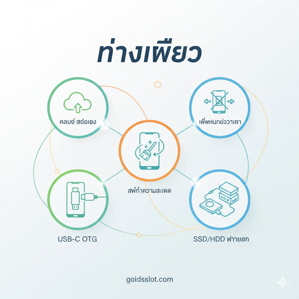 ภาพแนะนำการสอน แก้ปัญหาสำหรับผู้ใช้ V23 5G ที่ไม่สามารถใส่การ์ดได้ โดยนำเสนอทางเลือกต่างๆ รูปภาพประกอบด้วยไอคอนหรือวงกลมขนาดเล็กหลายภาพ ซึ่งแสดงถึงวิธีแก้ปัญหาห้าข้อที่กล่าวถึงในบทความ องค์ประกอบหลักประกอบด้วย: 1. ไอคอนรูปเมฆ (Cloud Storage), 2. แฟลชไดรฟ์ USB-C OTG (แผนภาพแสดงการเชื่อมต่อกับโทรศัพท์), 3. หน้าจอโทรศัพท์ที่แสดงเครื่องมือทำความสะอาด (Cleaning App), 4. SSD/HDD ภายนอก โทนสีโดยรวมสว่างสดใส ใช้การออกแบบที่ลื่นไหล เน้นแนวคิด 'ทางเลือก' (Alternative) พร้อมป้ายกำกับชื่อโซลูชันแต่ละรายการด้วยภาษาไทยสั้นๆ