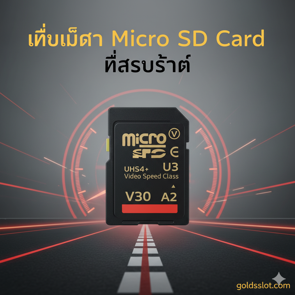 ภาพแสดงข้อได้เปรียบด้านความเร็ว โดยเน้นที่การเลือก Micro SD Card ที่เหมาะสม (สำหรับผู้ใช้ V23e) ตรงกลางภาพควรมี Micro SD Card ที่โดดเด่น ล้อมรอบด้วยตัวบ่งชี้ทางเทคนิคที่สำคัญ เช่น: 'V30' (Video Speed Class), 'U3' (UHS Speed Class), และ 'A2' (App Performance Class) ใช้หน้าปัดวัดความเร็วหรือองค์ประกอบของสนามแข่งเพื่อเป็นสัญลักษณ์ของความสามารถในการอ่าน/เขียนความเร็วสูง โดยเน้นความสำคัญของการเลือกการ์ดประสิทธิภาพสูงสำหรับการบันทึกวิดีโอ 4K และการติดตั้งแอปพลิเคชัน โทนสีอาจใช้สีแดงดำซึ่งเป็นสีที่พบบ่อยในผลิตภัณฑ์จัดเก็บข้อมูลความเร็วสูง พร้อมหัวข้อภาษาไทยว่า: 'วิธีเลือก Micro SD Card ที่เหมาะสม'