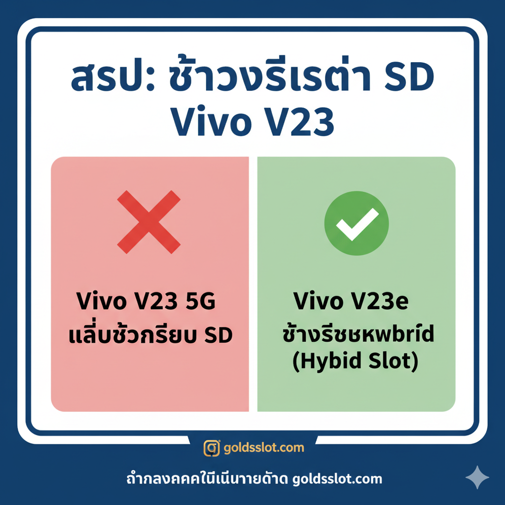รูปภาพสรุปและทบทวนที่เน้นย้ำข้อสรุปหลักอีกครั้งในรูปแบบอินโฟกราฟิกที่เรียบง่าย ภาพควรเป็นรูปแบบคล้ายป้ายจราจรหรือแผงข้อมูล โดยมีตารางภาษาไทยที่ชัดเจนหรือกรอบเปรียบเทียบอยู่ตรงกลาง ด้านซ้ายคือ Vivo V23 5G (❌ No SD); ด้านขวาคือ Vivo V23e (✅ Hybrid Slot) ใช้ตัวหนาและสีที่ตัดกัน (แดง/เขียว) เพื่อแยกแยะผลลัพธ์ ด้านล่างอาจมีโลโก้ขนาดเล็กหรือสโลแกนของ goldsslot.com โดยเน้นความถูกต้องของข้อมูล ('ข้อมูลสเปคที่แม่นยำจาก goldsslot.com') โดยรวมแล้วภาพควรดูสะอาดตาและตรงไปตรงมาเพื่อให้ผู้ใช้เข้าใจและจดจำได้อย่างรวดเร็ว