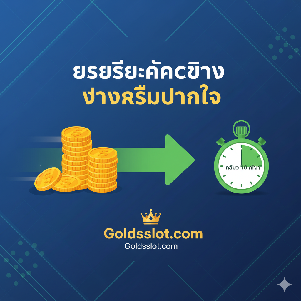 ภาพประกอบส่วนรีวิวประสบการณ์การจ่ายเงิน (Jackpot Slot Auszahlung) แสดงกราฟิกอินโฟกราฟิกที่ทันสมัยและเป็นระเบียบ แสดงขั้นตอนการจ่ายเงินที่รวดเร็ว (Fast Payout) ด้วยไอคอนลูกศรสีเขียวที่ชี้ไปข้างหน้า มีไอคอนสัญลักษณ์เหรียญทองขนาดใหญ่และซ้อนกันอยู่ และมีนาฬิกาจับเวลา (Stopwatch) ที่แสดงเวลา 'Less than 10 mins' (น้อยกว่า 10 นาที) เน้นสีน้ำเงินและเขียวเพื่อให้ดูน่าเชื่อถือและรวดเร็ว พร้อมโลโก้ Goldsslot.com และข้อความหลัก 'Real Experiences, Fast Payout' อยู่ด้านข้าง