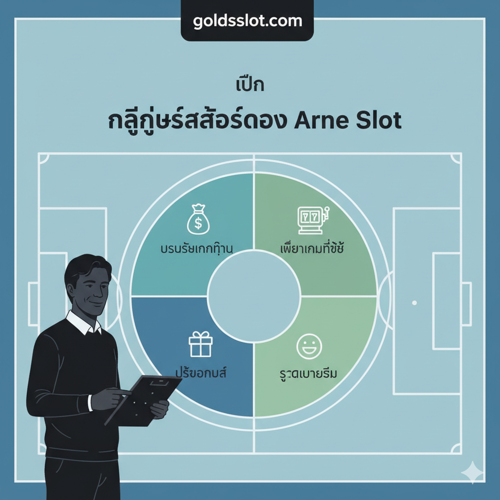 ภาพอินโฟกราฟิกแสดงกลยุทธ์การเล่นสล็อต 4 ข้อ พร้อมไอคอนการจัดการเงิน การเลือกเกม โบนัส และรอยยิ้มของ Arne Slot เป็นสัญลักษณ์