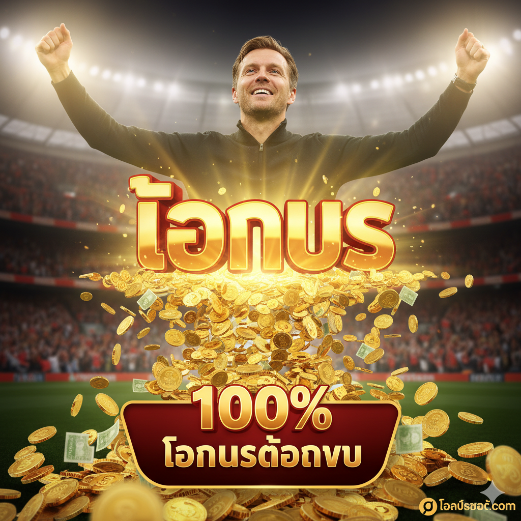 ภาพเน้นข้อเสนอ Smile Bonus และแจ็คพอตขนาดใหญ่ ด้วยเหรียญทองและภาพ Arne Slot ยิ้มในพื้นหลังที่เรืองแสง