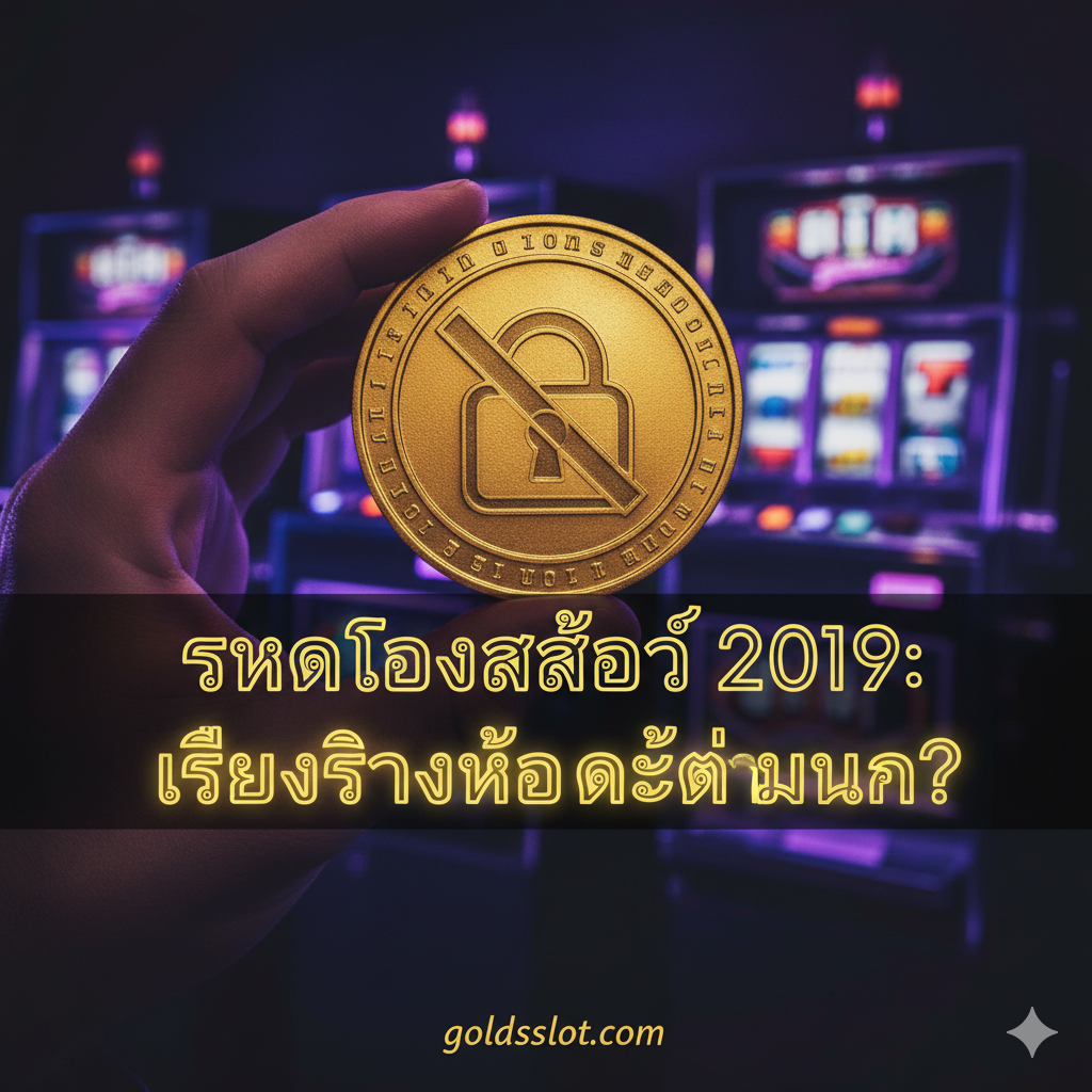 ภาพหน้าปกสำหรับบทความภาษาไทยเกี่ยวกับ 'รหัสโกงสล็อตแมชชีน 2019' ในสไตล์ดึงดูดความสนใจและโทนสีเข้มลึกลับ (Dark/Mystery Tone) โดยเน้นความขัดแย้งระหว่างความจริงกับตำนาน ภาพควรแสดงมือที่กำลังถือ เหรียญทองขนาดใหญ่ที่มีสัญลักษณ์กุญแจล็อค/ไขว้ (Lock/Cross-out) อยู่ตรงกลางเพื่อสื่อถึง 'โค้ดที่ใช้ไม่ได้แล้ว' หรือ 'ความลับที่ถูกเปิดเผย' ด้านหลังเป็นแสงไฟนีออนสีม่วง-น้ำเงินของตู้สล็อตแมชชีนในอดีต (Retro Slot Machine) พร้อมข้อความหลักซ้อนทับเป็นภาษาไทยตัวหนาว่า 'รหัสโกงสล็อต 2019: เรื่องจริงหรือแค่ตำนาน?' ใช้ฟอนต์ที่ดูทันสมัยและฉูดฉาด (Neon Glow Font) เพื่อเพิ่มความน่าสนใจ