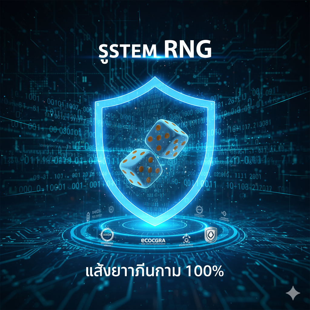 ภาพเน้นคุณสมบัติหลักของสล็อตออนไลน์สมัยใหม่คือระบบ RNG (Random Number Generator) ในสไตล์เทคโนโลยีล้ำสมัย (High-Tech/Digital Style) พื้นหลังเป็นวงจรดิจิทัลสีน้ำเงิน-เขียว (Circuit Board) ที่สลับซับซ้อน ตรงกลางมีลูกเต๋าสามมิติขนาดใหญ่ที่กำลังหมุน (3D Rolling Dice) หรือภาพสัญลักษณ์ของตัวเลขสุ่ม (Random Digits/Binary Code) ที่ไหลผ่านโล่ป้องกัน (Security Shield Icon) เพื่อสื่อถึงความยุติธรรมและความปลอดภัยของ RNG ที่ได้รับการรับรองจากหน่วยงานอิสระ เช่น eCOGRA ภาพควรมีคำว่า 'RNG System' หรือ '100% Fair Play' แทรกอยู่เพื่อเน้นย้ำ