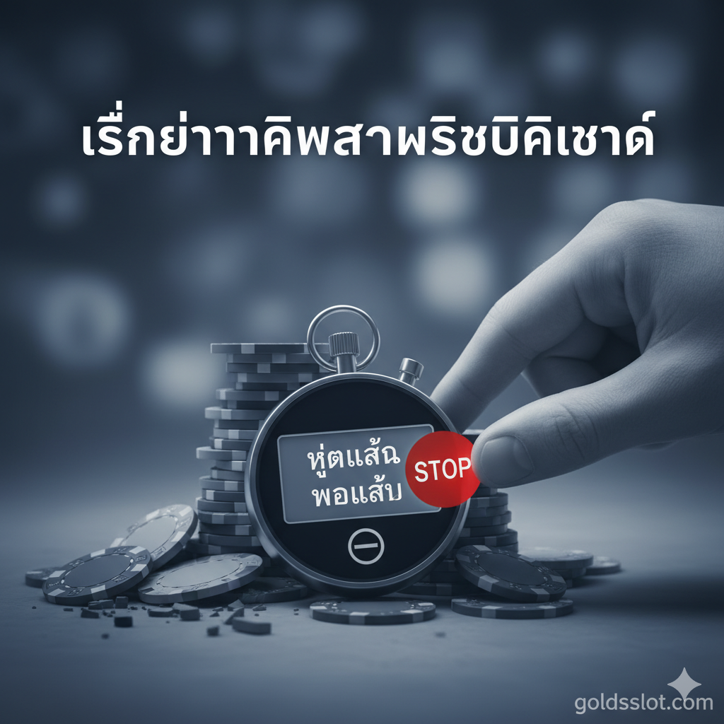 ภาพสรุปและคำเตือนเรื่อง 'เล่นอย่างมีความรับผิดชอบ' ภาพควรเป็นแนวคิดที่ให้ความสงบและจริงจัง โดยแสดง นาฬิกาจับเวลา (Stopwatch/Timer) หรือ สัญลักษณ์การจำกัด (Limit Symbol) วางอยู่บนกองชิปคาสิโนที่ลดลง โดยมีมือที่กำลังกดปุ่ม 'หยุดเล่น' (Stop Button) หรือ 'พอแล้ว' (Enough) โทนสีควรเป็นสีเทาหรือน้ำเงินเข้มเพื่อสื่อถึงความรับผิดชอบและความมีสติ พร้อมข้อความเตือนเป็นภาษาไทยตัวหนาว่า 'เล่นอย่างมีความรับผิดชอบ (Responsible Gaming)' เพื่อเป็นข้อความสุดท้ายที่ฝังอยู่ในใจผู้อ่าน