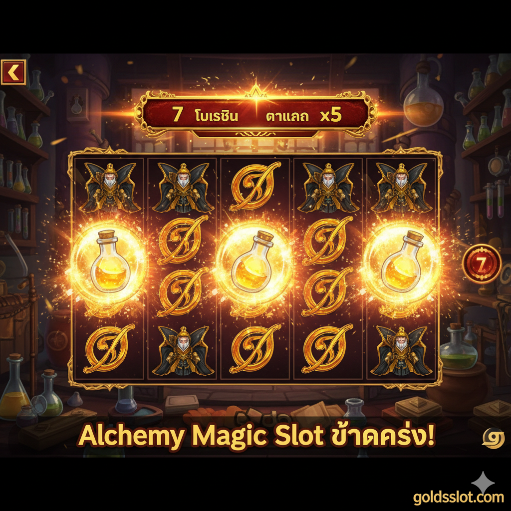 ภาพเน้นฟีเจอร์สำคัญของเกม โดยแสดงภาพวงล้อของเกมในขณะที่ 'ฟรีสปิน' หรือ 'โบนัสวงล้อ The Alchemy's Wheel' กำลังทำงานอยู่ เน้นที่สัญลักษณ์ Scatter (Bonus Symbol) สามตัวที่กำลังระเบิดประกายไฟ และแสดงให้เห็นสัญลักษณ์ Wild Stacked ที่ซ้อนกันเต็มวงล้อ ทำให้เกิดไลน์รางวัลจำนวนมาก มีตัวเลข '7 FREE SPINS' หรือ 'X5 MULTIPLIER' ปรากฏอยู่ด้านบนวงล้อด้วยเอฟเฟกต์แสงที่เรืองรอง ใช้สีทองและสีแดงเพื่อสื่อถึงรางวัลและโบนัสที่กำลังจะแตก สร้างความรู้สึกตื่นเต้นและแสดงให้เห็นว่าเกม 'Alchemy Magic Slot แตกง่าย' จริง