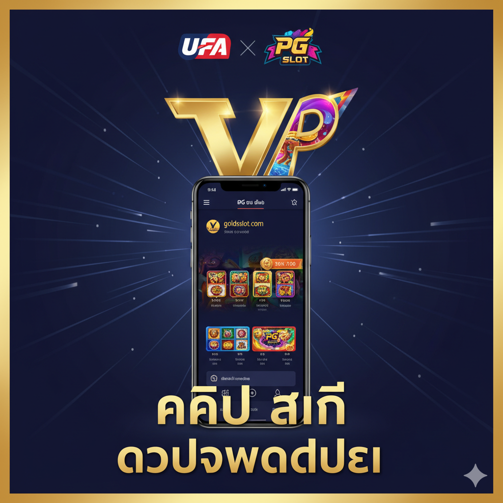 ออกแบบ一张引人注目の泰式风格封面图，主题为'ufa pg slot club app ดาวน์โหลดฟรี'。主视觉应是闪耀的金色'V'形VIP徽章，融合了UFA和PG SLOT的品牌元素（如UFA的深蓝/红色调和PG SLOT的鲜艳色彩）。背景使用未来感和速度感的抽象线条，暗示APP的极速体验和Club级别。居中展示一个时尚的智能手机屏幕界面，屏幕上显示着'goldsslot.com'的标志和一个胜利的角子机游戏画面。整体色调以金色、深蓝和红色为主，营造出奢华、刺激和信赖感。构图强调冲击力，文字'Club App'需清晰突出，吸引用户下载。