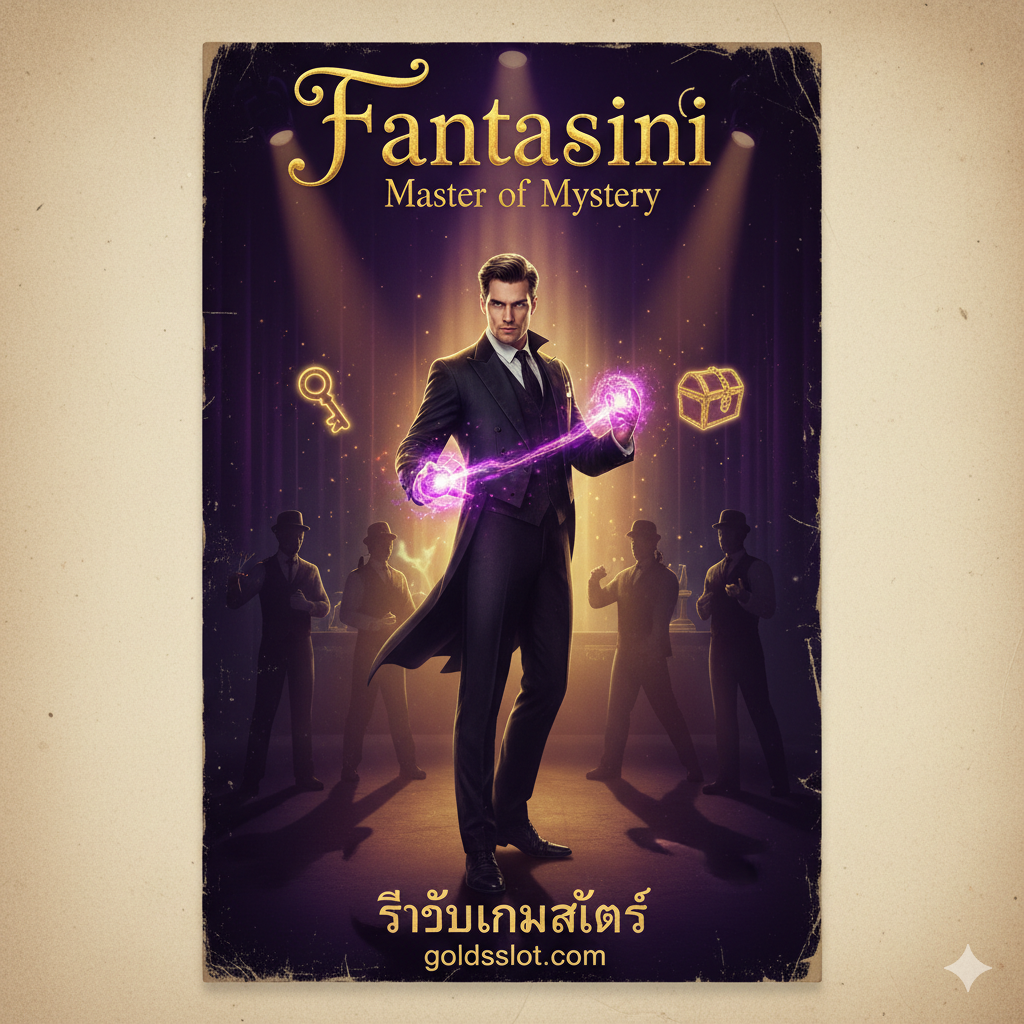 ภาพหน้าปกเกมสล็อต Fantasini Master of Mystery ในสไตล์โปสเตอร์หนังมายากลสุดลึกลับ (Mysterious Magic Show Poster Style) โดยมีตัวละครหลักคือ Fantasini นักมายากลหนุ่มหล่อในชุดสูทสีเข้ม หรือดำ ยืนอยู่กลางภาพ กำลังทำท่าเสกคาถาหรือเปิดเผยความลับ ฉากหลังเป็นเวทีการแสดงที่มืดสลัว เน้นแสงไฟสปอร์ตไลท์สีม่วงและสีทองอร่าม มีสัญลักษณ์ของเกม เช่น กุญแจ กล่องโซ่ หรือผู้ช่วยสาวปรากฏเป็นเงาลางๆ ด้านข้าง ภาพรวมเน้นความน่าตื่นเต้น มีเสน่ห์ดึงดูด และลึกลับ เหมาะสำหรับเป็นภาพเปิดบทความรีวิว