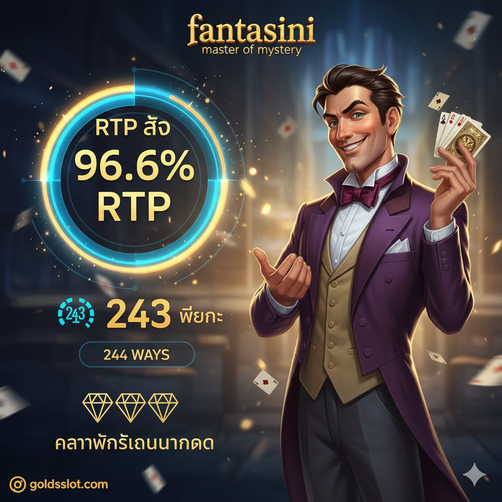 ภาพที่เน้นข้อดีของเกม โดยมีตัวเลข '96.6% RTP' เป็นองค์ประกอบหลักที่เด่นชัด (ขนาดใหญ่) ภาพควรมีฉากหลังที่สว่างและดูเป็นมืออาชีพ มีกราฟิกวงกลมหรือแผนภูมิที่สื่อถึง 'RTP สูง' และ '243 Ways to Win' มีไอคอนหรือสัญลักษณ์ที่สื่อถึง 'ความผันผวนปานกลาง (Medium Volatility)' และมีภาพ Fantasini ยืนยิ้มหรือถือไพ่แห่งโชคดีในมุมใดมุมหนึ่งของภาพ เพื่อให้ภาพสื่อสารข้อมูลสถิติที่น่าเชื่อถือและดึงดูดใจผู้เล่น