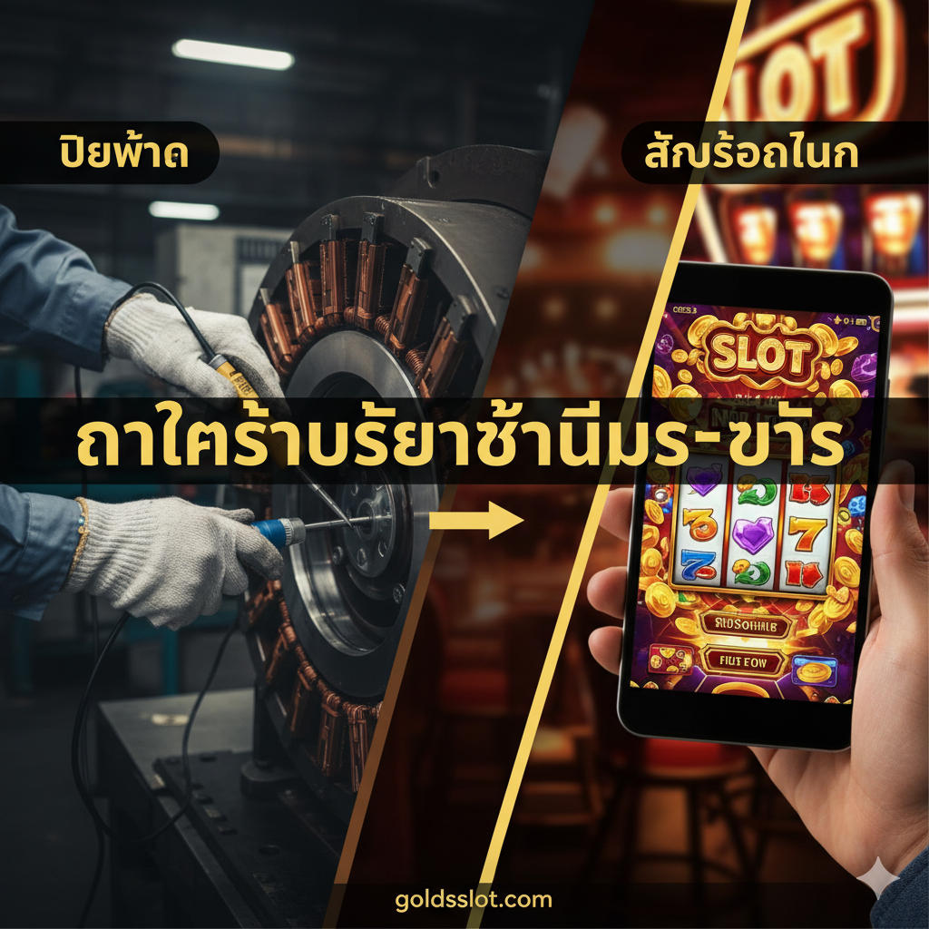 一张富有创意和对比的封面图,使用暖色调和高对比度。画面左侧是传统的“Slot Wedge Tightness Test”场景:一只戴着工业手套的手拿着SWA(Stator Wedge Analyzer)工具,正在检查一个巨大的电机定子(stator)的槽口(slot),背景是昏暗的工厂。画面右侧则完全不同:一只手拿着手机或平板电脑,屏幕上是色彩鲜艳、充满金币和宝石的“Slot Machine”游戏界面,背景是明亮、活泼的赌场/线上游戏主题。中间有一个箭头指向右侧,象征着从硬核工程(ไฟฟ้า)转向有趣的在线游戏(สล็อตออนไลน์)。标题“Slot Wedge Tightness Test”应巧妙地跨越两个场景。