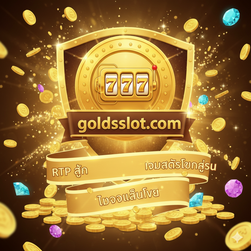 优势图展示 goldsslot.com 的核心优势。画面是一个动态的场景,一个巨大的金色盾牌或徽章,上面印有 goldsslot.com 的Logo(假设เป็นรูปเหรียญทองหรือสล็อตแมชชีนสไตล์หรูหรา)。盾牌下方伸出三条发光的旗帜或横幅,分别写着:1. RTP สูง (High RTP), 2. ทดลองเล่นฟรี (Free Demo Play), 3. เกมสล็อตแตกง่าย (Easy-to-Win Slots)。周围有金币、宝石和光效环绕。整体风格奢华、大气、金色调为主,强调“ความแน่น”ของการจ่ายเงินและความน่าเชื่อถือของเว็บไซต์。