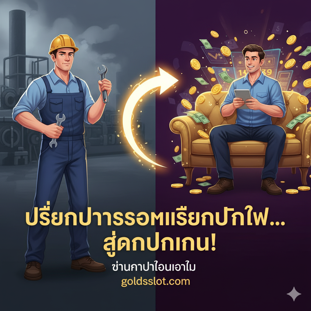 总结图，用于激励用户。画面展示两种“转换”：左侧是一个工人，手里拿着扳手和头盔，表情认真；通过一个闪烁的传送门或转换箭头，变成了右侧一个坐在舒适沙发上、手持平板电脑的成功人士（ยิ้มอย่างมีความสุข），周围漂浮着金币和钞票。背景从左侧的สีเทา (Grey) และสีน้ำตาล (Brown) (โรงงาน) 转换到右侧的สีม่วง (Purple) และสีทอง (Gold) (ความร่ำรวยและเกมออนไลน์)。画面下方用泰语写着“เปลี่ยนจากการซ่อมเครื่องปั่นไฟ...สู่การปั่นเงิน!” (Switch from fixing generators... to spinning money!) เพื่อตอกย้ำข้อสรุปของบทความ