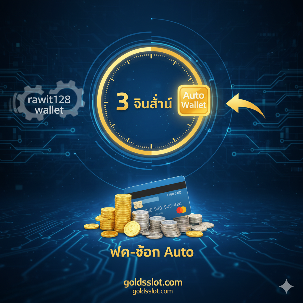 突出Goldsslot.com自动化和速度的“功能”图。主视觉是一个计时器显示着'3 วินาที' (3 seconds) 和一个带有金色光芒的'Auto Wallet'图标。画面元素包括堆叠的硬币和一张信用卡，象征'ฝาก-ถอน Auto'（自动存取款）。整体风格应是科技感十足的蓝色和金色，强调速度和效率，对比传统的'rawit128 wallet'的缓慢体验，突出其先进的系统。