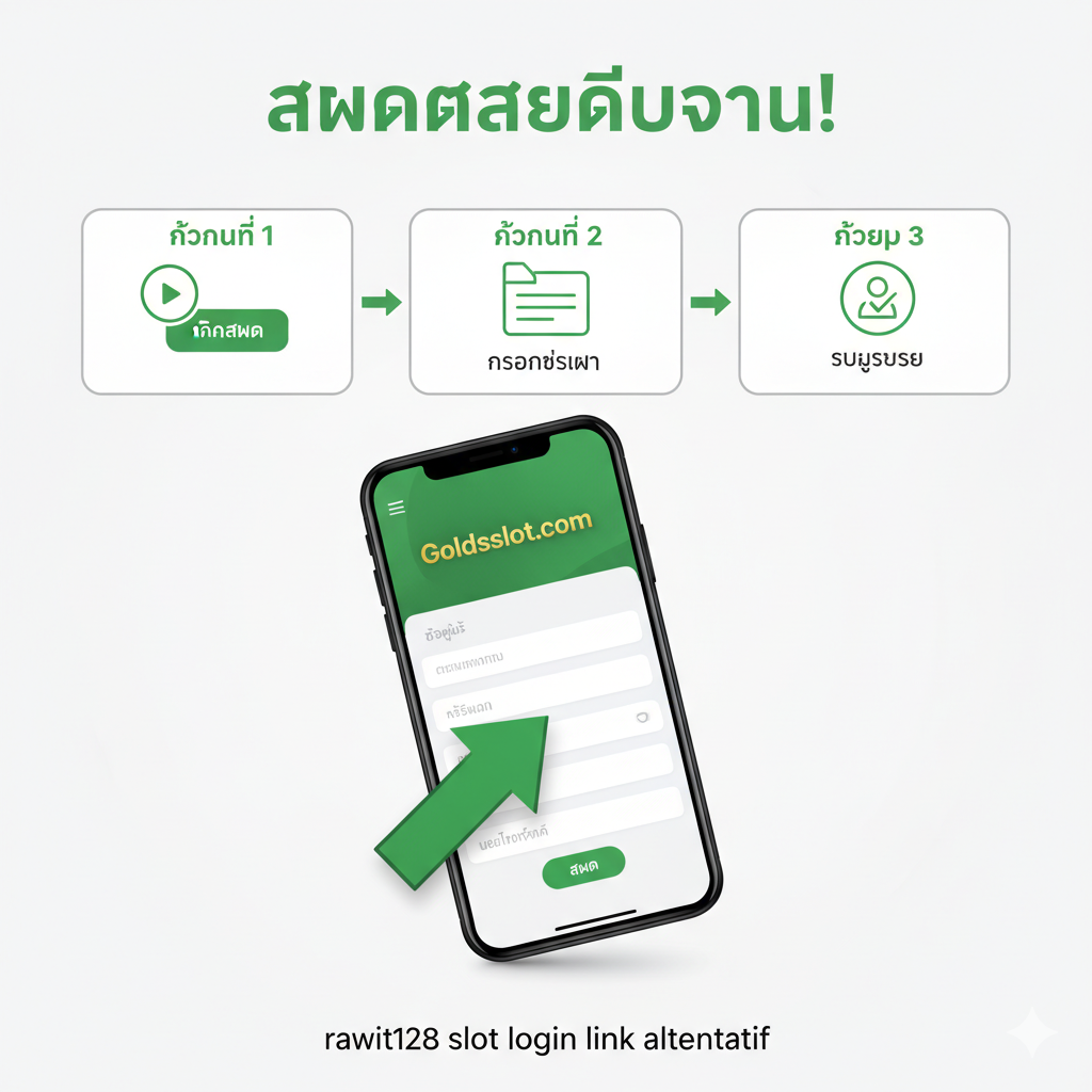一张简洁明了的“教程”图,展示Goldsslot.com的快速注册流程。图片应是一个三步流程图(Step 1-2-3)。第一步是'คลิกสมัคร'(Click Register),第二步是'กรอกข้อมูล'(Fill Data),第三步是'รับยูสเซอร์'(Get User)。画面中心是一个放大版的手机屏幕,清晰地展示注册表单界面,并用一个绿色的箭头指向'Goldsslot.com'的标志。色彩以干净的白色背景搭配亮眼的绿色和金色元素,体现注册过程的简单和流畅性。