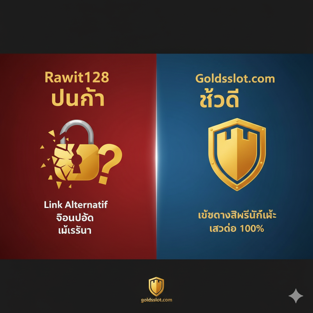 强调Goldsslot.com优势的对比图。画面被一个清晰的垂直线分成两半。左侧标题'Rawit128 ปัญหา'(Rawit128 Problem)下方是破碎的锁和问号图标,象征'Link Alternatif'、'โดนบล็อก'(Blocked)和不稳定。右侧标题'Goldsslot.com ข้อดี'(Goldsslot.com Advantage)下方是一个坚固的堡垒或盾牌,象征'เว็บตรงลิขสิทธิ์แท้'(Genuine Direct Web)和'เข้าได้ 100%'(100% Access)。使用冷色调(红/黑)在左侧,暖色调(蓝/金)在右侧,形成鲜明对比,突出其稳定性。