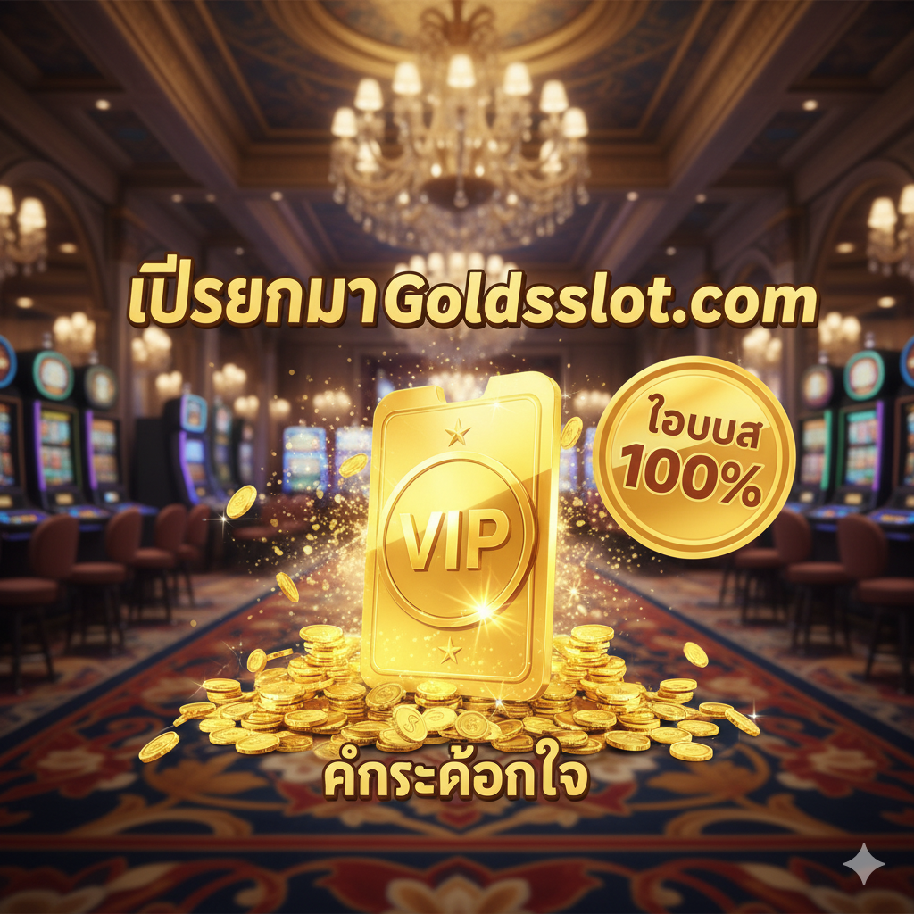 一张总结性的图片,激励用户做出转换。主视觉是一个金光闪閃的'VIP'通行证或奖杯,旁边有大量的金币和闪烁的灯光,象征着'กำไรก้อนโต'(Big Profit)。背景应是豪华的赌场大厅风格。核心文字是泰语的'เปลี่ยนมา Goldsslot.com'(Switch to Goldsslot.com)和一个大大的'โบนัส 100%'(100% Bonus)徽章。构图聚焦于财富和成功的视觉元素,旨在传达“更好的选择”和“更高的回报”。