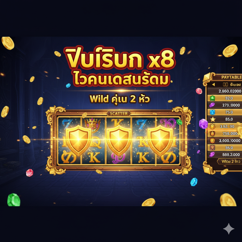 ภาพเน้นฟีเจอร์โบนัสของเกม Kings and Queens Slot จัดองค์ประกอบให้เห็นสัญลักษณ์ Scatter (โล่สีทอง) สามอันเรียงกันเพื่อกระตุ้นฟรีสปิน (Free Spins) มีข้อความภาษาไทยตัวใหญ่กำกับว่า 'ฟรีสปิน x8 ตัวคูณสูงสุด' หรือ 'Wild คูณ 2 เท่า' เพื่อเน้นจุดขายหลัก ด้านข้างอาจมีภาพประกอบของตารางการจ่ายเงิน (Paytable) ที่แสดงตัวคูณรางวัล แสดงถึงความตื่นเต้นเมื่อได้ฟีเจอร์สำคัญในเกม เน้นสีสันสดใสขององค์ประกอบโบนัส