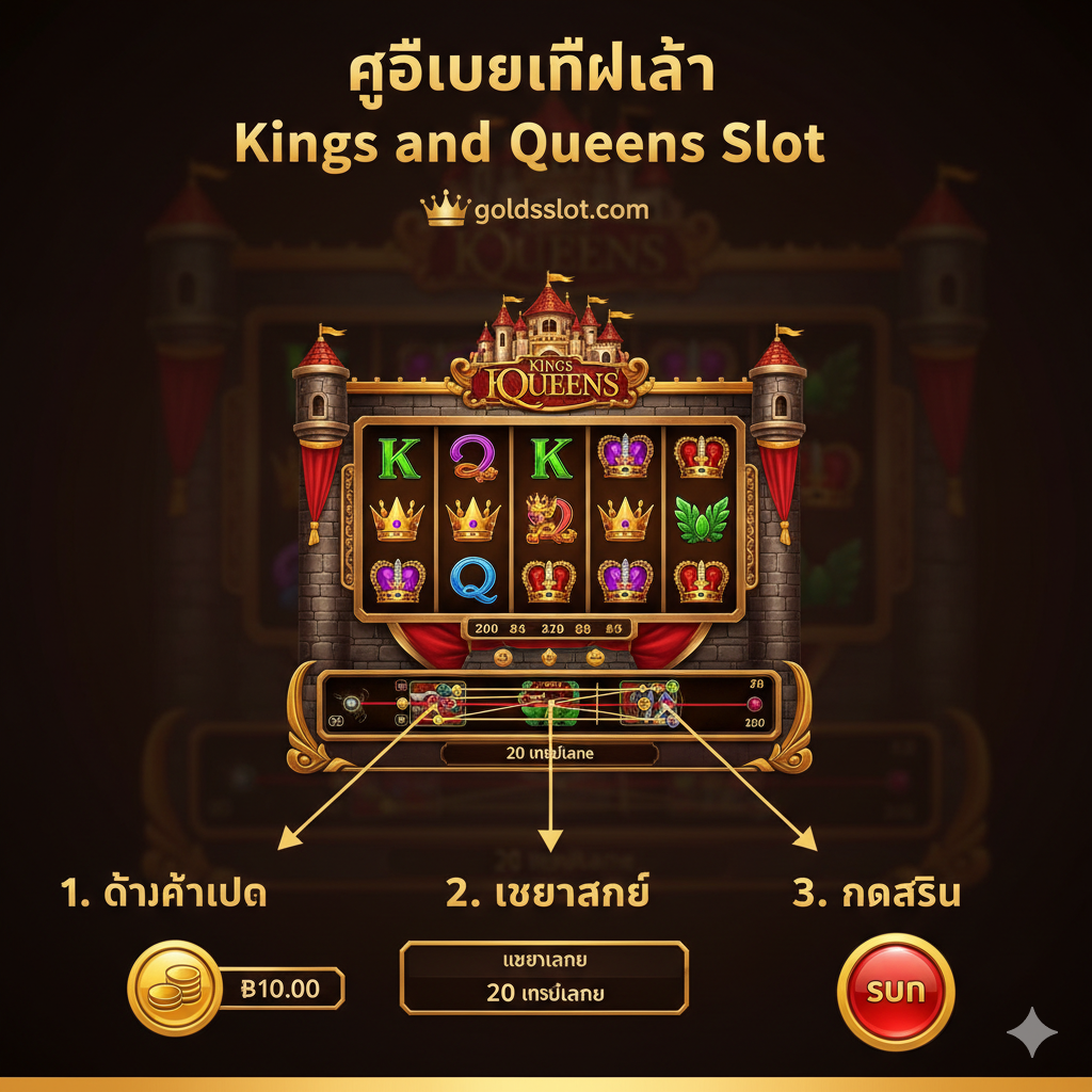 ภาพประกอบคำแนะนำวิธีเล่น Kings and Queens Slot ที่ชัดเจนและเป็นขั้นตอน จัดวางเป็นภาพจำลองหน้าจอเกมสล็อตแบบย่อ โดยมีเครื่องมือการตั้งค่าที่สำคัญถูกวงกลมหรือชี้ลูกศรอย่างชัดเจน เช่น ปุ่ม 'Spin', ปุ่ม 'Bet/Coin Value' และส่วนแสดง 'Paylines' แสดงเป็น 3 ขั้นตอนง่ายๆ ในการเริ่มเล่น (1. ตั้งค่าเบท, 2. เลือกไลน์, 3. กดสปิน) ใช้ฟอนต์ที่อ่านง่ายและโทนสีที่เข้ากับเกม (ทอง/แดง) เพื่อให้ผู้เล่นใหม่เข้าใจง่าย