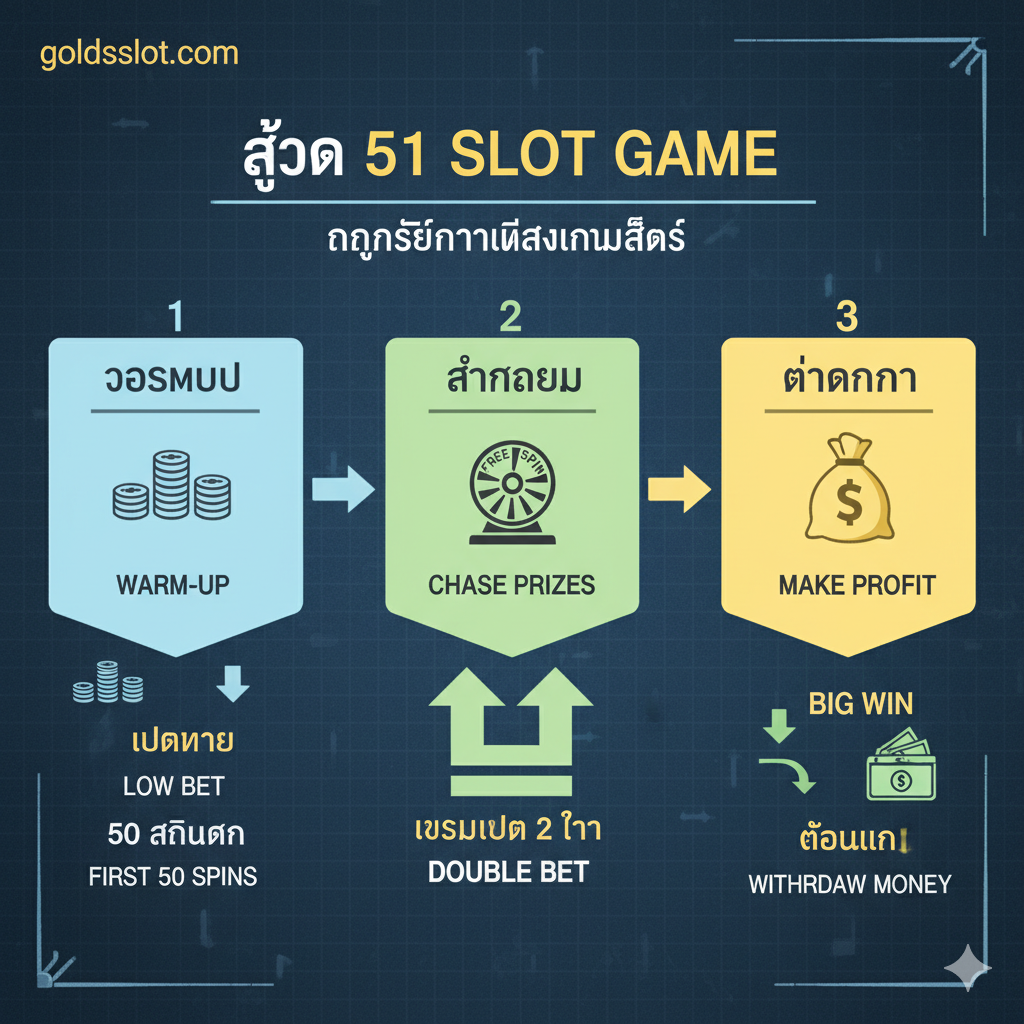 一张教程หรือ策略信息图 (Infographic)，用于解释 'สูตร 51 Slot Game' (51老虎机公式)。图片可以设计成三个步骤的可视化流程图。步骤一 ('วอร์มอัพ' - 预热)：小额投注图标และ '50 สปินแรก' (前50转)。步骤二 ('ล่ารางวัล' - 追奖)：'Free Spin' 图标และ 'เพิ่มเบท 2 เท่า' (2倍投注) 的向上箭头。步骤三 ('ทำกำไร' - 盈利)：'Big Win' 图标และ 'ลดเบท' (降低投注) หรือ 'ถอนเงิน' (提款) 图标。背景可以使用战术板หรือ蓝图风格，色彩清晰易懂，使用泰语标签辅助说明。