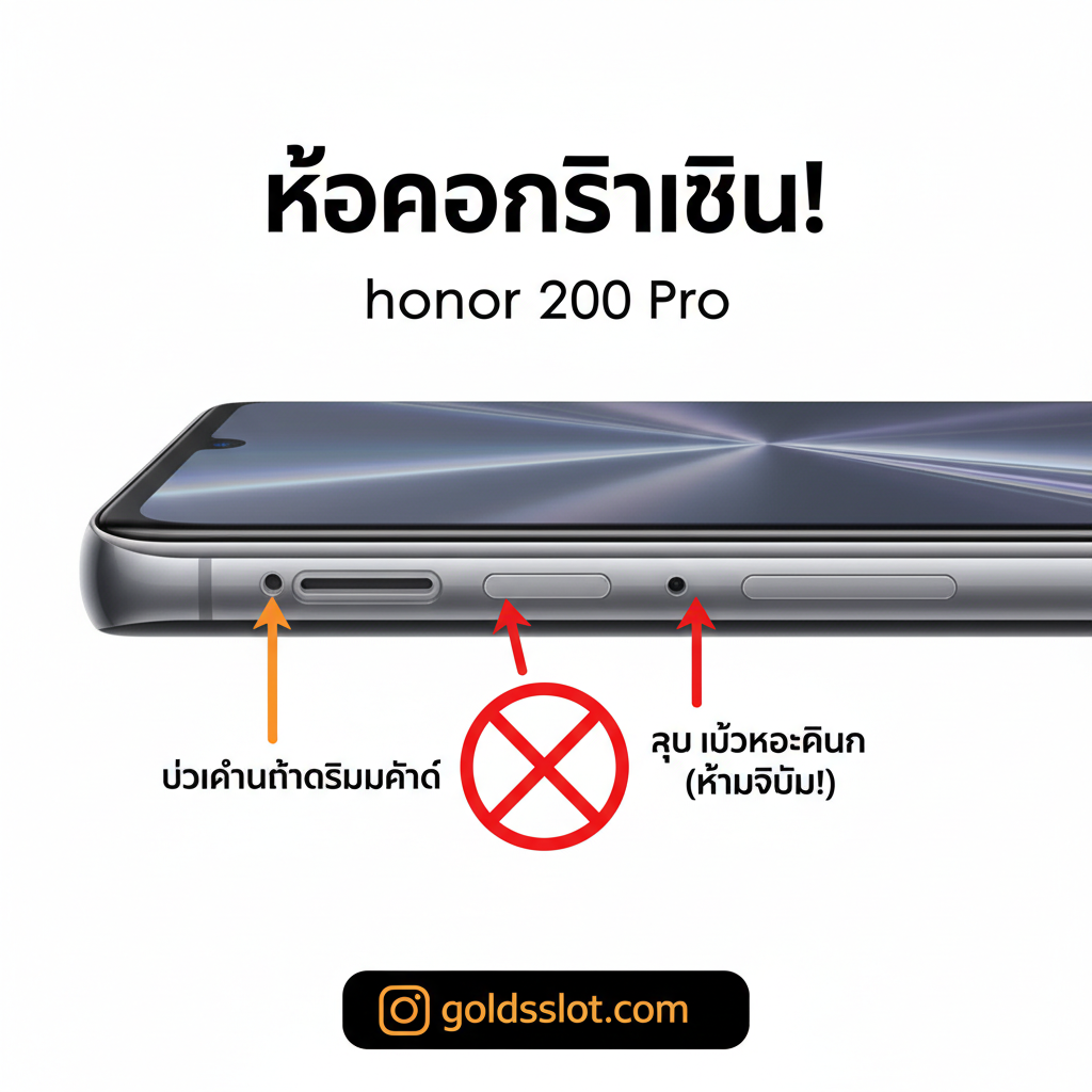 ภาพกราฟิกแบบ Infographic/Diagram ที่เน้นส่วนล่างของ Honor 200 Pro โดยใช้ลูกศรสีแดงหรือสีส้มสว่างชี้ไปยังตำแหน่งที่ถูกต้องของรูถาดซิม และมีวงกลมสีแดงพร้อมเครื่องหมาย 'X' ชี้ไปยังรูไมโครโฟนที่อยู่ใกล้เคียงอย่างชัดเจน เพื่อเป็นคำเตือนสำคัญว่าห้ามจิ้มผิดรู ภาพแสดงความแตกต่างระหว่าง 'SIM Tray Hole' และ 'Microphone Hole' อย่างเด่นชัด ใช้พื้นหลังสีขาวหรือสีอ่อนเพื่อให้ลูกศรและคำเตือนโดดเด่น