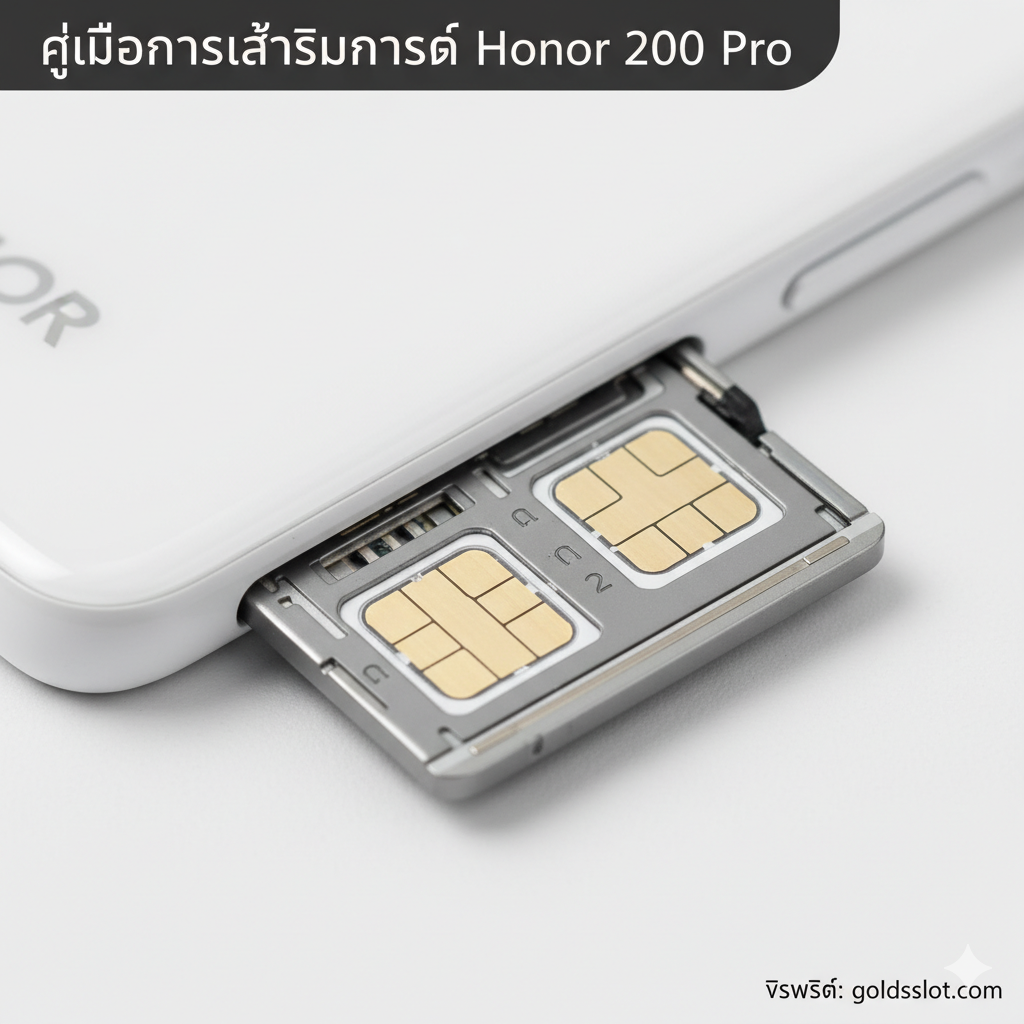 ภาพโคลสอัพที่ชัดเจนของถาดซิมการ์ดของ Honor 200 Pro ที่ถูกดึงออกมาจากตัวเครื่องแล้ว แสดงช่องสำหรับใส่ซิมการ์ด 2 ใบ (SIM 1 และ SIM 2) โดยมีซิมการ์ดขนาด Nano-SIM 2 ใบวางอยู่ด้านในแล้วอย่างถูกต้องตามทิศทางของมุมตัด ภาพควรแสดงให้เห็นว่าซิมการ์ดวางพอดีกับเบ้าอย่างสมบูรณ์ และมีหมายเลข '1' และ '2' กำกับอยู่บนถาดซิมเพื่อระบุช่องอย่างชัดเจน ภาพนี้ใช้แสงสว่างและดูสะอาดตาตามสไตล์คู่มือสอนใช้งาน