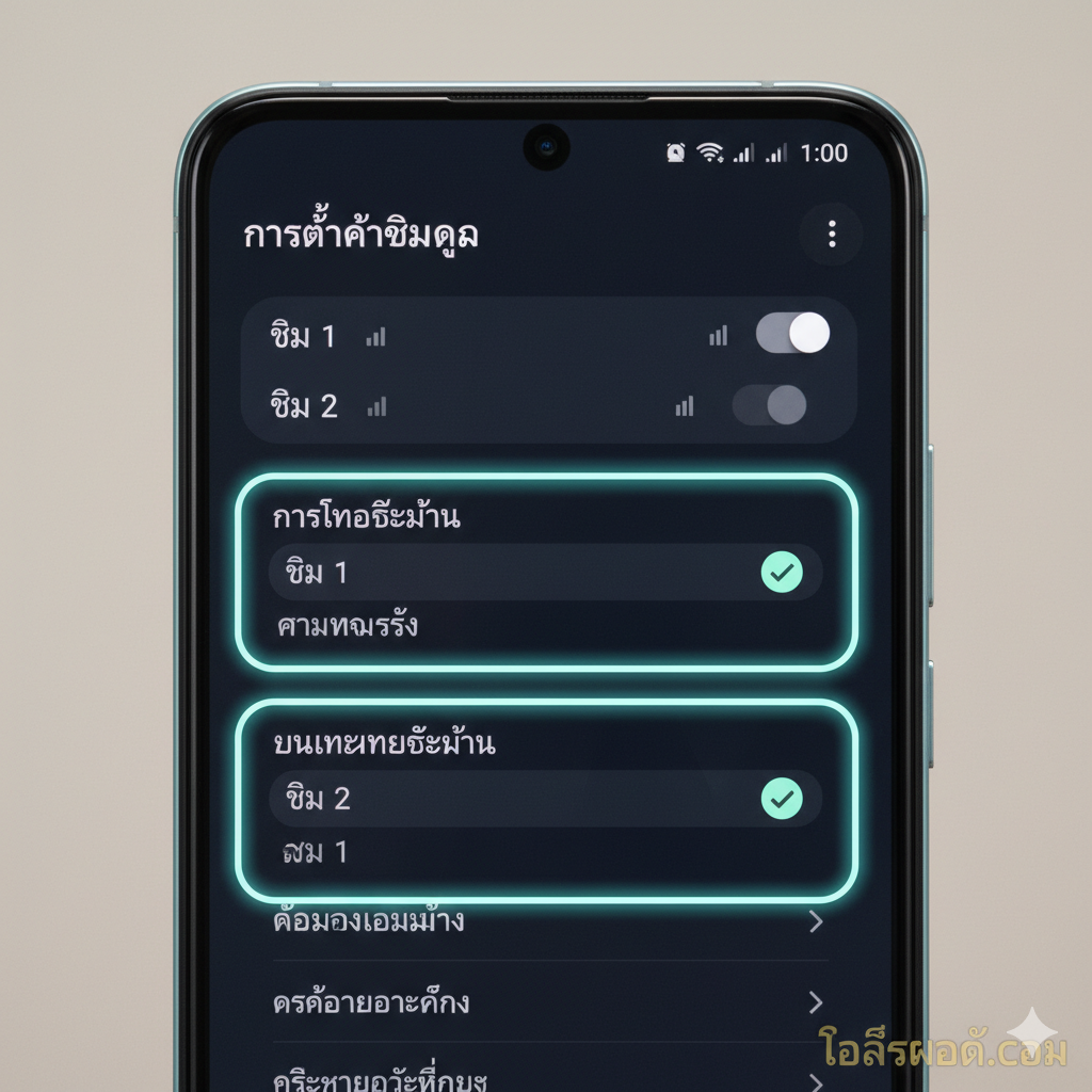 ภาพจำลองหน้าจอสมาร์ทโฟน Honor 200 Pro ที่แสดงเมนู 'การตั้งค่าซิมคู่ (Dual SIM management)' บนระบบปฏิบัติการ MagicOS โดยเน้นที่ตัวเลือกการตั้งค่า 'การโทรเริ่มต้น' และ 'อินเทอร์เน็ตเริ่มต้น' (Mobile Data) มีการไฮไลต์ด้วยสีฟ้าอ่อนหรือสีเขียว (สีเอกลักษณ์ของ Honor) เพื่อเน้นย้ำถึงความสามารถในการสลับการใช้งานซิมอย่างง่ายดาย ภาพรวมของหน้าจอควรมองเห็นได้ชัดเจนพร้อมตัวอักษรภาษาไทยเพื่อสื่อถึงการใช้งานในไทย