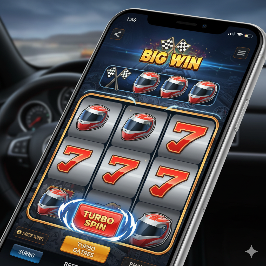 展示赛车主题老虎机核心功能的特写图。画面聚焦在一个现代智能手机屏幕上，屏幕中显示着一款精致的3D赛车老虎机游戏界面。重点突出UI界面上的'Turbo Spin'（涡轮加速）按钮，按钮周围环绕着闪电特效。屏幕上方，老虎机卷轴停在三个'方格旗'和'赛车头盔'的图标上，显示出'Big Win'的特效字样。背景是模糊的赛车仪表盘，强调科技感与速度的结合。色彩鲜艳，对比度高。