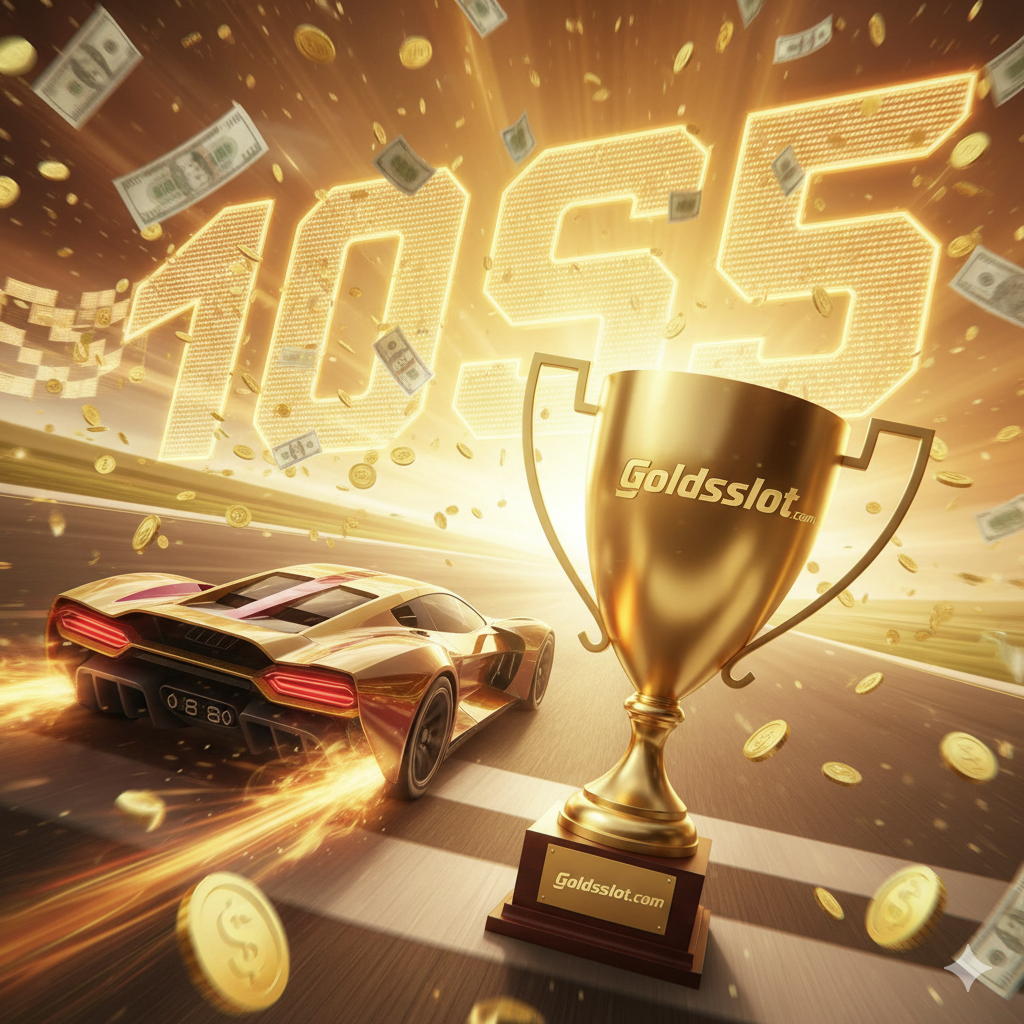 一张极具庆祝氛围的总结图片。画面描绘了一辆冠军赛车冲过终点线的瞬间,终点线由发光的数字彩带组成。天空中落下的不是雨水,而是大量的金币和钞票。赛车前方立着一座巨大的金色奖杯,上面隐约可见Goldsslot.com的标志。强烈的逆光效果和动态模糊展示了冲刺的力度,整体色调辉煌灿烂,象征着玩家在游戏中获得的最终胜利和财富。