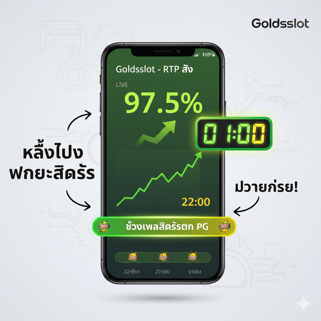 ภาพแนวอินโฟกราฟิกที่แสดงเทคนิคการเล่น 'RTP Live' และช่วงเวลาสล็อตแตก. ภาพควรจำลองหน้าจอสมาร์ทโฟนที่กำลังแสดงตาราง 'Live RTP' ของ Goldsslot โดยมีกราฟแสดงเปอร์เซ็นต์ (เช่น 97.5%) และลูกศรชี้ขึ้น. ด้านข้างมีนาฬิกาดิจิทัลหรือกราฟเส้นแสดง 'ช่วงเวลาสล็อตแตก pg' ที่เน้นช่วง 22:00 น. - 01:00 น. ใช้สีเขียวสดใสและสีเหลืองเพื่อสื่อถึงการชนะและคำแนะนำ. ภาพรวมเน้นความชัดเจนและขั้นตอนการใช้งานเพื่อเพิ่มโอกาสชนะ.