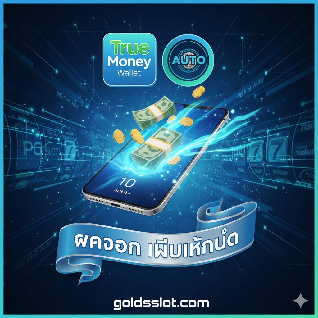 ภาพเน้นข้อได้เปรียบของ Goldsslot ในด้านระบบการเงินอัตโนมัติ. องค์ประกอบหลักคือ โลโก้ 'True Money Wallet' ที่เด่นชัดอยู่ตรงกลางคู่กับสัญลักษณ์ 'Auto' ที่มีวงล้อสล็อตอยู่ด้านใน. แสดงความเร็วในการทำธุรกรรมด้วยกราฟิกของธนบัตรเงินที่เคลื่อนที่ด้วยความเร็วสูง เข้าสู่สมาร์ทโฟนภายใน '10 วินาที'. ใช้สีฟ้า, สีเขียว และสีเงิน เพื่อสื่อถึงความรวดเร็ว, ความน่าเชื่อถือ และความสะดวกสบาย 'ฝากถอนไม่มีขั้นต่ำ'. ภาพรวมควรสื่อถึงความล้ำสมัยของระบบ PG Slot Auto.
