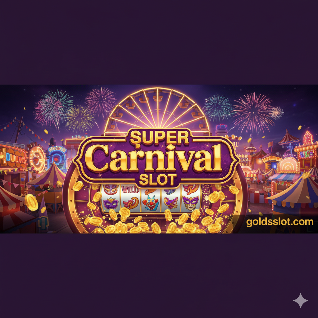 ภาพปกแบนเนอร์แนวนอนที่น่าตื่นตาตื่นใจสำหรับ 'Super Carnival Slot' ฉากหลังเป็นบรรยากาศงานคาร์นิวัลยามค่ำคืน มีแสงไฟนีออนสว่างไสว ชิงช้าสวรรค์ และพลุไฟ ตรงกลางเป็นโลโก้เกม 'Super Carnival Slot' (ตัวอักษรแฟนซี) ที่โดดเด่น ด้านล่างมีองค์ประกอบของเกมสล็อต เช่น วงล้อที่มีสัญลักษณ์ Wild (ตัวตลก) และ Scatter (หน้ากาก) เหรียญทองโปรยปรายออกมา มีโลโก้ 'goldsslot.com' ที่มุมล่างขวา โทนสีม่วง ทอง และแดงสด สร้างความรู้สึกหรูหราและสนุกสนาน