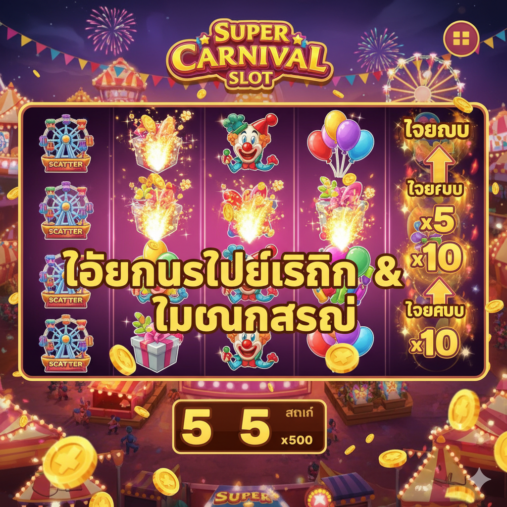 ภาพโคลสอัพที่เน้นฟีเจอร์โบนัสของเกม 'Super Carnival Slot' ตามที่รีวิวในส่วนที่ 2 แสดงหน้าจอเกมขณะอยู่ในโหมด 'ฟรีสปิน' (Free Spins) โดยมีสัญลักษณ์ Scatter (เช่น ชิงช้าสวรรค์ 3 อัน) อยู่ทางซ้ายเพื่อสื่อถึงการเข้าสู่โบนัส ด้านขวาเน้น 'ตัวคูณสะสม' (Progressive Multiplier) ที่กำลังเพิ่มขึ้น (เช่น x5, x10) อย่างชัดเจน มีข้อความซ้อนทับภาษาไทยว่า 'โบนัสฟรีสปิน & ตัวคูณสะสม' ใช้กราฟิกที่สว่างสดใส เน้นสัญลักษณ์ที่ชนะรางวัลและเหรียญทองที่ระเบิดออกมา