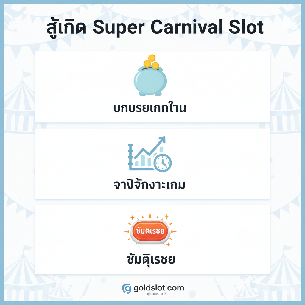ภาพสไตล์อินโฟกราฟิกที่แสดง 'สูตร Super Carnival Slot' จากบทความ (ส่วนที่ 3.2) แบ่งเป็น 3 ส่วนหลัก: 1) ไอคอนรูปกระปุกออมสินพร้อมข้อความภาษาไทย 'บริหารเงินทุน', 2) ไอคอนรูปกราฟหรือนาฬิกาพร้อมข้อความ 'จับจังหวะเกม', 3) ไอคอนปุ่ม 'ซื้อฟีเจอร์' (Feature Buy) ที่มีประกายไฟ พื้นหลังเป็นลวดลายคาร์นิวัลแบบเรียบง่าย ใช้สีที่สะอาดตา (เช่น ขาว, ฟ้าอ่อน) เพื่อให้อ่านง่ายและสื่อถึงความเป็นกลยุทธ์