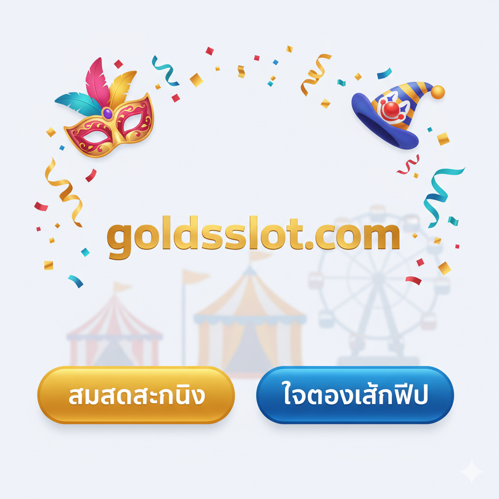 ภาพสรุปและเรียกร้องให้ดำเนินการ (Call-to-Action) สำหรับส่วนที่ 4 องค์ประกอบกลางคือโลโก้ 'goldsslot.com' ที่ชัดเจนและน่าเชื่อถือ ล้อมรอบด้วยองค์ประกอบจากเกม 'Super Carnival Slot' (เช่น หน้ากาก, หมวกตัวตลก) มีปุ่มกราฟิกขนาดใหญ่ที่เขียนว่า 'สมัครสมาชิก' (Register) และอีกปุ่มที่เขียนว่า 'ทดลองเล่นฟรี' (Free Demo) ตามที่บทความเน้นย้ำ พื้นหลังสะอาดตาแต่ยังคงธีมคาร์นิวัลเล็กน้อย เพื่อเน้นไปที่การกระตุ้นให้ผู้ใช้คลิก