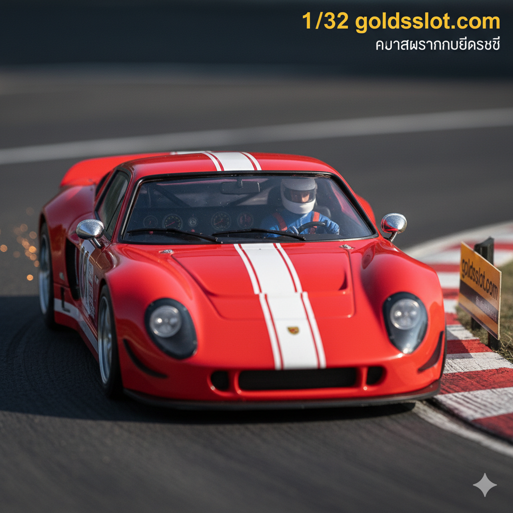 ภาพที่เน้นความสมจริงและรายละเอียดของสเกล 1/32 โดยแสดงรถสล็อต 1/32 รุ่น GT หรือ Le Mans ในท่าเข้าโค้งอย่างรวดเร็ว ภาพถ่ายระยะใกล้แสดงรายละเอียดภายในห้องโดยสารอย่างชัดเจน รวมถึงนักขับจำลอง พวงมาลัย และกระจกมองข้างที่ละเอียดอ่อน แสงเงาจัดจ้านเพื่อเน้นความลึกและความสมจริงของโมเดล พื้นหลังเป็นส่วนหนึ่งของสนามแข่งที่มีป้ายโฆษณาเล็กๆ เพื่อเสริมบรรยากาศการแข่งขัน ภาพนี้เน้น 'รายละเอียด' ที่เหนือกว่าสเกลอื่น