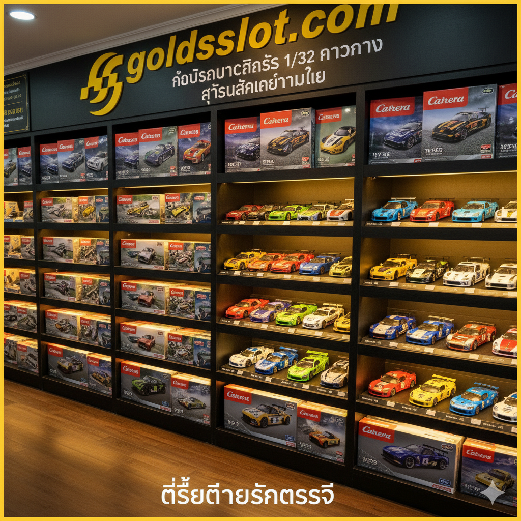 ภาพกราฟิกหรือภาพถ่ายที่ให้ความรู้สึกเหมือนชั้นวางสินค้าในร้านค้าของ goldsslot.com ที่เต็มไปด้วยกล่องชุดสนามเริ่มต้น 1/32 (Carrera, Scalextric) และรถสล็อต 1/32 ระดับพรีเมียม (NSR, Slot.it) จำนวนมากที่จัดเรียงอย่างสวยงาม เน้นโลโก้ 'goldsslot.com' อย่างเด่นชัดในภาพเพื่อสร้างความน่าเชื่อถือ แสงไฟสว่างอบอุ่น เน้นความหลากหลายของผลิตภัณฑ์และความเป็น 'ศูนย์รวมสินค้าครบวงจร' สำหรับนักแข่งรถสล็อตในประเทศไทย