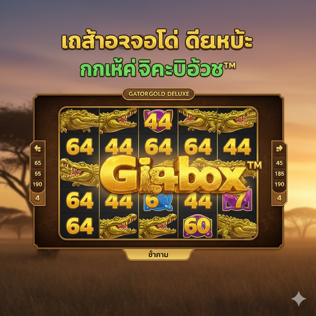 การนำเสนอคุณสมบัติ Gigablox™. ภาพควรเน้นไปที่ตาราง 6x4 ของอินเทอร์เฟซเกม, เน้นบล็อกสัญลักษณ์จระเข้ทองคำขนาดใหญ่ 6x6 หรือ 4x4 (Gigablox) ที่ครอบคลุมส่วนใหญ่ของวงล้อ, เพื่อเน้นคุณสมบัตินี้ด้วยภาพ. พื้นหลังสามารถเบลอเป็นฉากทุ่งหญ้าสะวันนาในเกม. มีข้อความเน้น 'Gator Gold Deluxe' และ 'Gigablox™ Mechanics' ที่ด้านบนหรือมุม. สีสันสดใส, เน้นความแตกต่างระหว่างสีทองและสีเขียว.