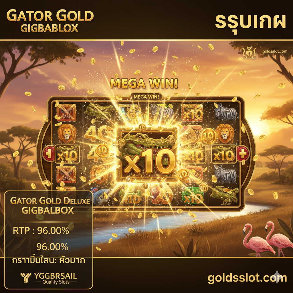 ภาพรวมของเกมที่มีคุณภาพสูงหรือภาพวาดศิลปะที่เน้นการกระทำ. ภาพควรแสดงช่วงเวลาการชนะที่เต็มไปด้วยความเคลื่อนไหว, อาจเป็น Multiplier Wilds ที่ปรากฏบน Gigablox ขนาดใหญ่, ส่งผลให้มีแสงสีทองและเอฟเฟกต์ชัยชนะระเบิดทั่วหน้าจอ. สีสันควรมีความอิ่มตัวสูง, มีความเปรียบต่างของแสงและเงาที่ชัดเจน. ที่ด้านซ้ายหรือขวาของภาพสามารถวางแผงข้อมูลที่มีสถิติสำคัญของเกม (เช่น: RTP 96.00%, Volatility: Very High). เน้นว่านี่คือสล็อตคุณภาพสูงจาก Yggdrasil.