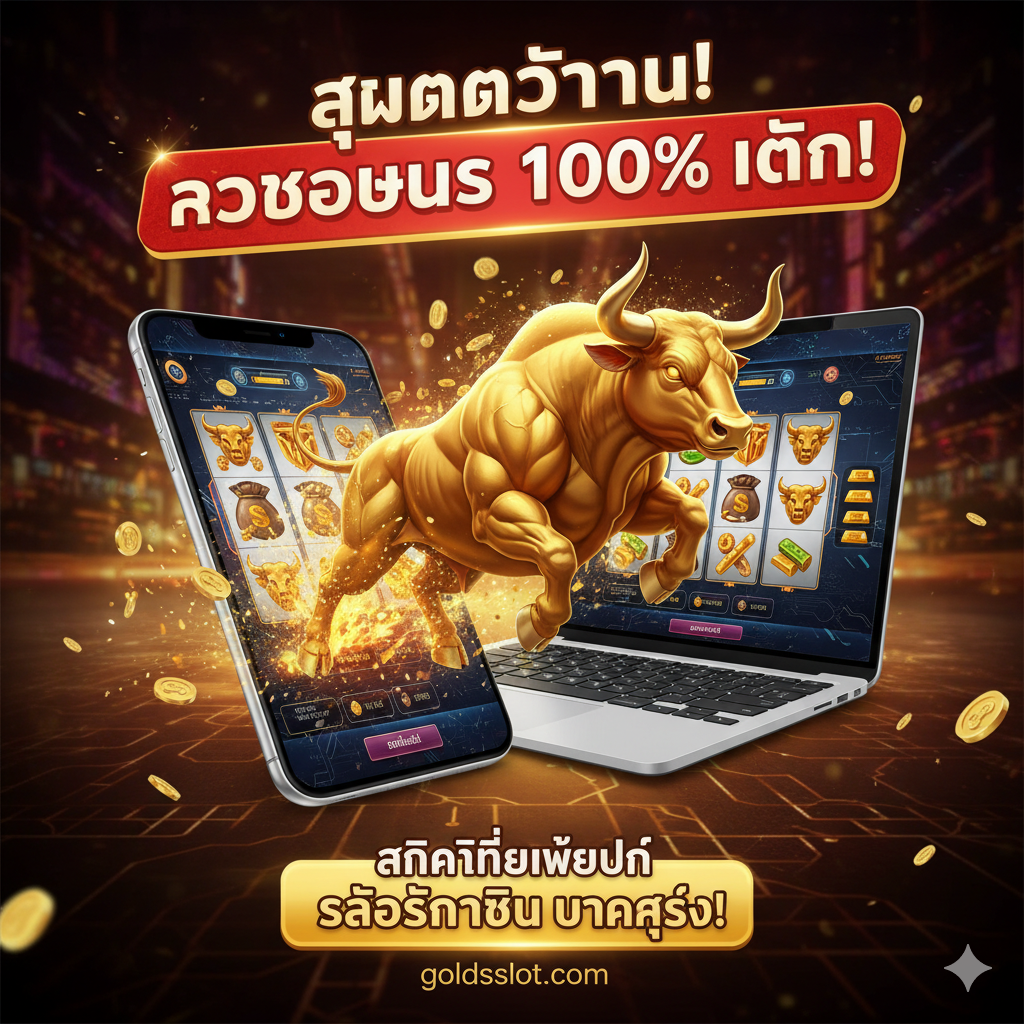 ภาพสรุปที่กระตุ้นการตัดสินใจ (Call-to-Action) แสดงภาพกระทิงทองคำที่กำลังกระโจนออกมาจากหน้าจอโทรศัพท์มือถือหรือคอมพิวเตอร์อย่างมีพลัง มีข้อความเด่นชัดเช่น 'สมัครวันนี้ รับโบนัส 100%' หรือ 'คลิกที่นี่เพื่อปั่น สล็อตกระทิง แตกง่าย' โดยใช้ตัวอักษรขนาดใหญ่และสีที่ตัดกัน (เช่น สีขาวบนพื้นหลังสีแดงหรือดำ) เพื่อดึงดูดสายตา ภาพนี้ควรมีความรู้สึกถึงการเคลื่อนไหวและความเร่งด่วนในการเข้าร่วมเพื่อรับโอกาสทำกำไร